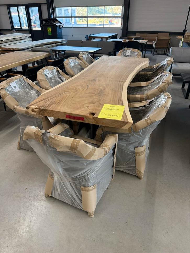 Boomstamtafel Tuinset + 10 Stoelen, Tuin en Terras, Tuintafels, Nieuw, Rechthoekig, Hout, Ophalen of Verzenden