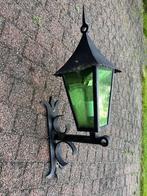 Metalen buitenlamp met groen figuurglas, Tuin en Terras, Buitenverlichting, Ophalen, Gebruikt, Wandlamp, Netvoeding