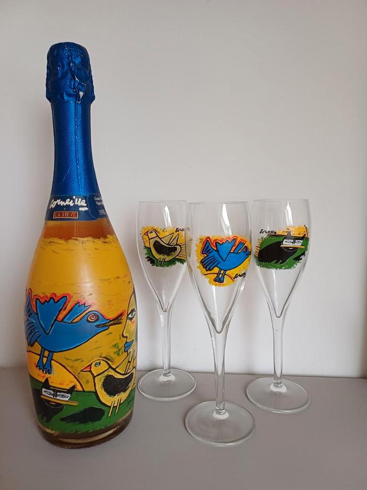 Champagnefles Corneille 3 kristallen glazen, Verzamelen, Glas en Borrelglaasjes, Gebruikt, Ophalen of Verzenden