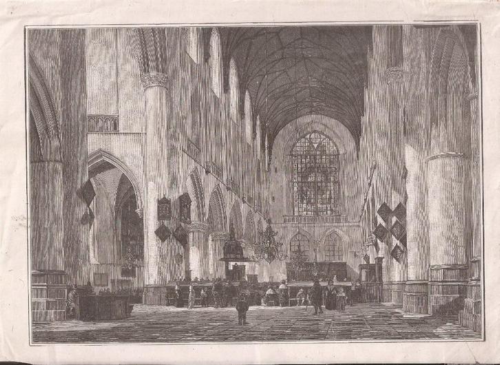 Houtgravure 19e eeuw Kerkinterieur St. Bavo Haarlem, Antiek en Kunst, Kunst | Etsen en Gravures, Ophalen of Verzenden