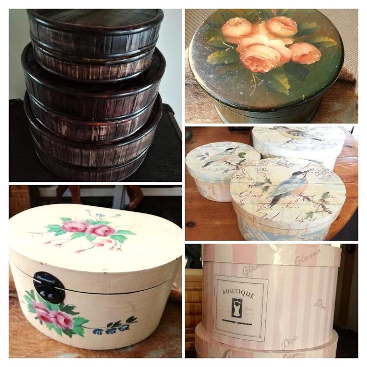 Houten ovale en rond dozen afbeelding vogels bloem hoed etc, Antiek en Kunst, Curiosa en Brocante, Ophalen of Verzenden