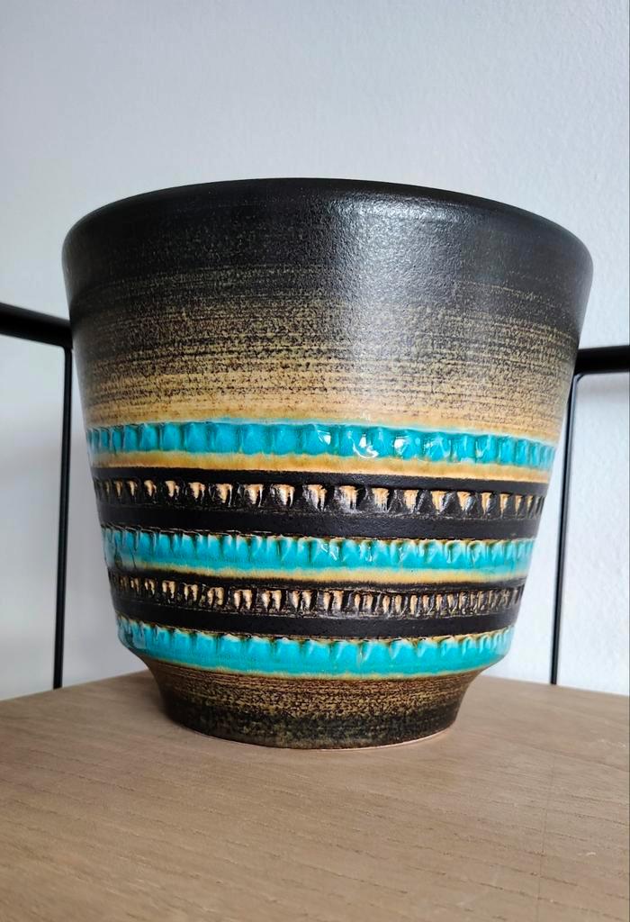 zeldzame bloempot W.Germany 700/18 keramiek zwart turquoise, Tuin en Terras, Bloempotten, Zo goed als nieuw, Aardewerk, Binnen