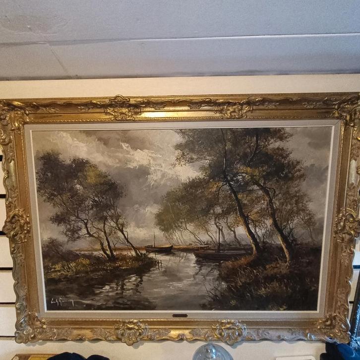 Groot Schilderij: Rivierlandschap met boten, Antiek en Kunst, Kunst | Schilderijen | Klassiek, Ophalen of Verzenden