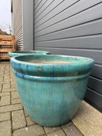 Set geglazuurde aardewerk potten met turquoise patina., Tuin en Terras, Bloempotten, Ophalen of Verzenden, Rond, Aardewerk