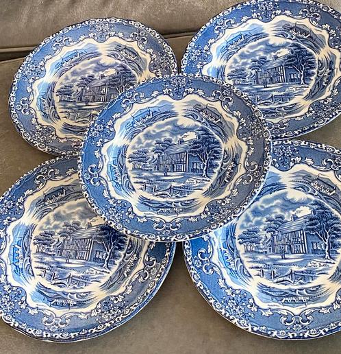 5x ontbijtbord creme blauw, Grindley, English Country Inns, Antiek en Kunst, Antiek | Servies los, Ophalen of Verzenden