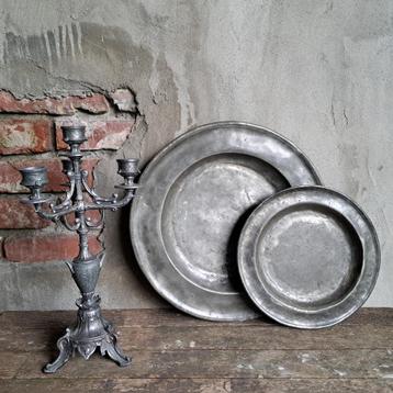 Brocante oud tinnen bord schaal oude patina *Etage3* beschikbaar voor biedingen