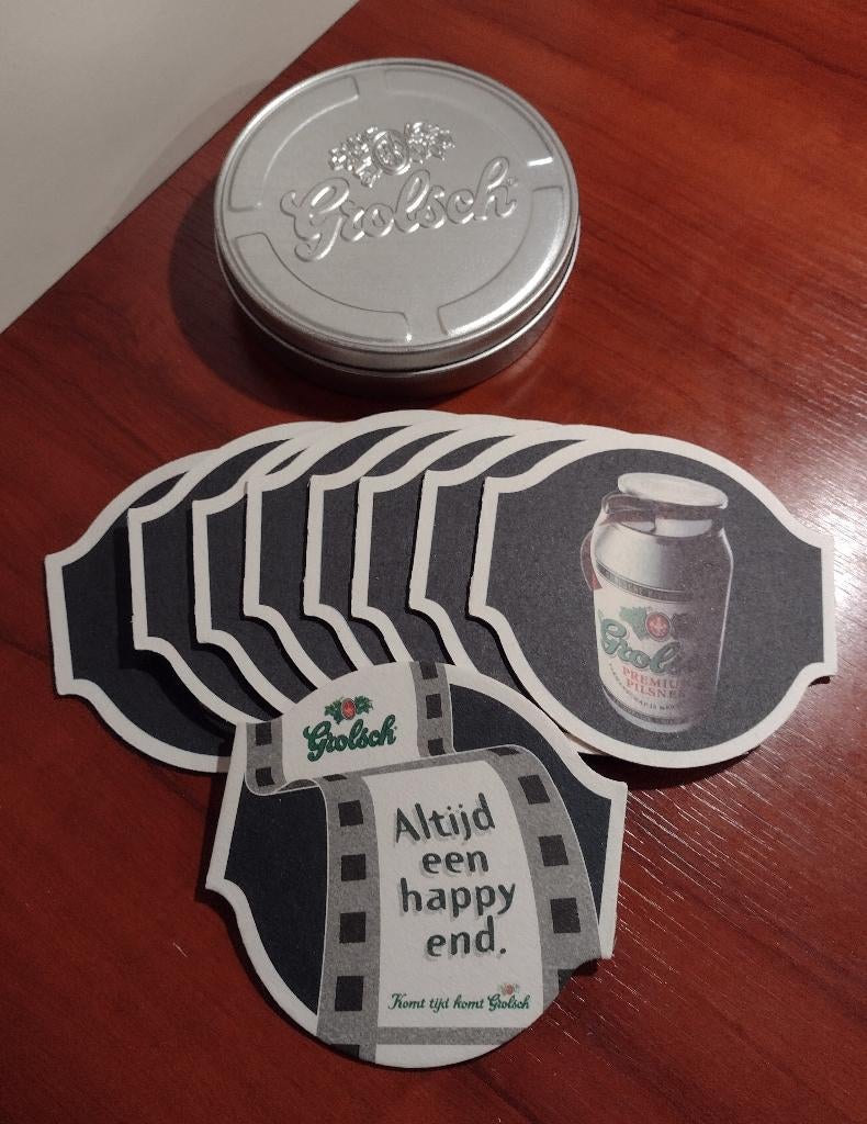 Grolsch 9 Viltjes in Filmblikje., Ophalen of Verzenden, Zo goed als nieuw, Viltje(s), Grolsch