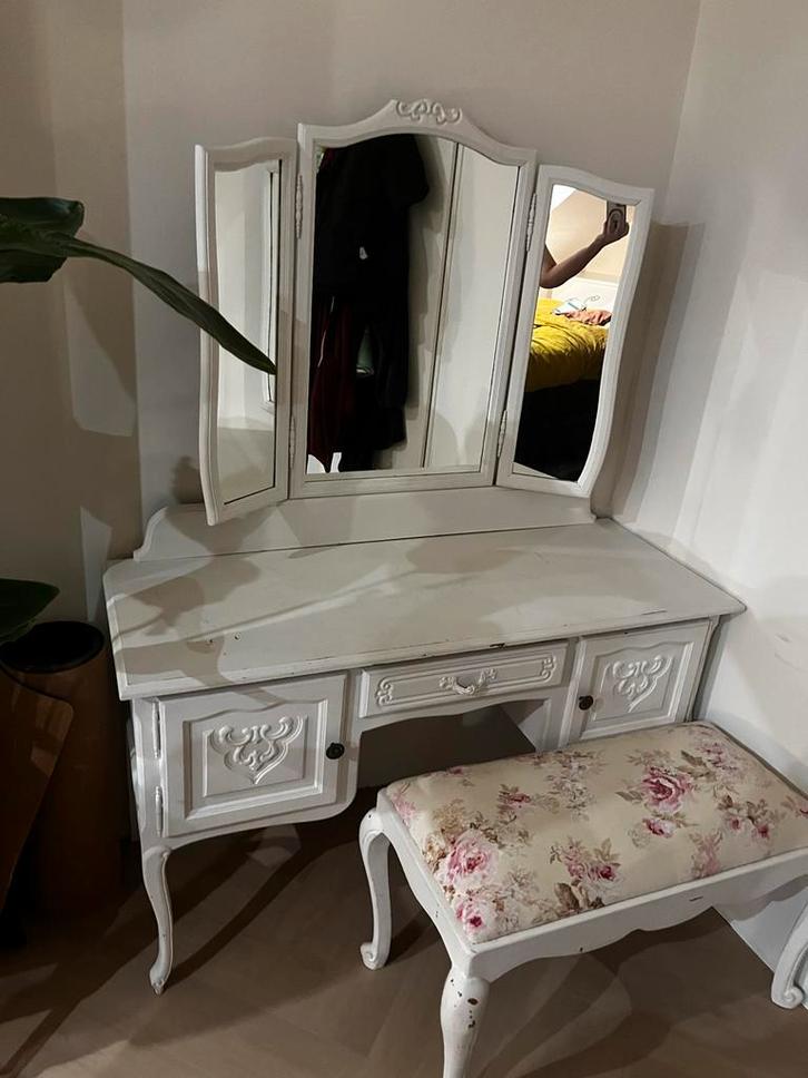 Vintage Kaptafel met Kruk- Wit, Huis en Inrichting, Tafels | Kaptafels, Gebruikt, 100 tot 150 cm, 50 tot 100 cm, Hout, Ophalen