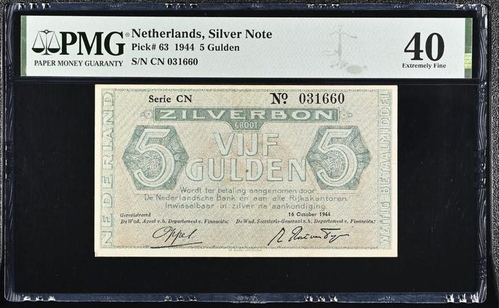 5 Gulden Zilverbon 1944 * Nederland * PMG 40 Extremely Fine, Postzegels en Munten, Bankbiljetten | Nederland, Los biljet, 5 gulden