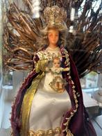 Antieke Madonna met Kind onder hoge stolp 37 cm voet hout, Antiek en Kunst, Ophalen of Verzenden