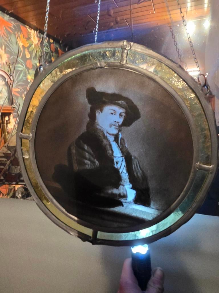 Rembrandt van Rijn glas in lood raamhanger gebrandschilderd, Antiek en Kunst, Ophalen of Verzenden