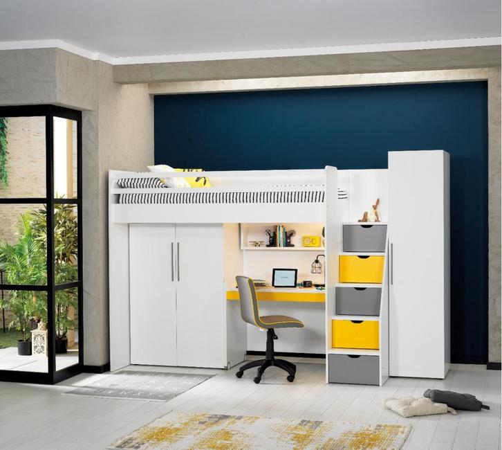 Neo hoogslaper met bureau en twee kledingkasten in wit met g, Huis en Inrichting, Slaapkamer | Stapelbedden en Hoogslapers, Nieuw