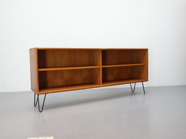 Vintage boekenkast | Teak | Hairpin poten, Huis en Inrichting, Kasten | Dressoirs, Gebruikt, 50 tot 100 cm, 25 tot 50 cm, Met plank(en)