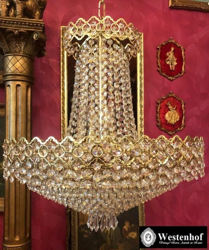 Kristallen kroonluchter - zakkroonluchter klassiek goud, Huis en Inrichting, Lampen | Kroonluchters, Gebruikt, Overige materialen