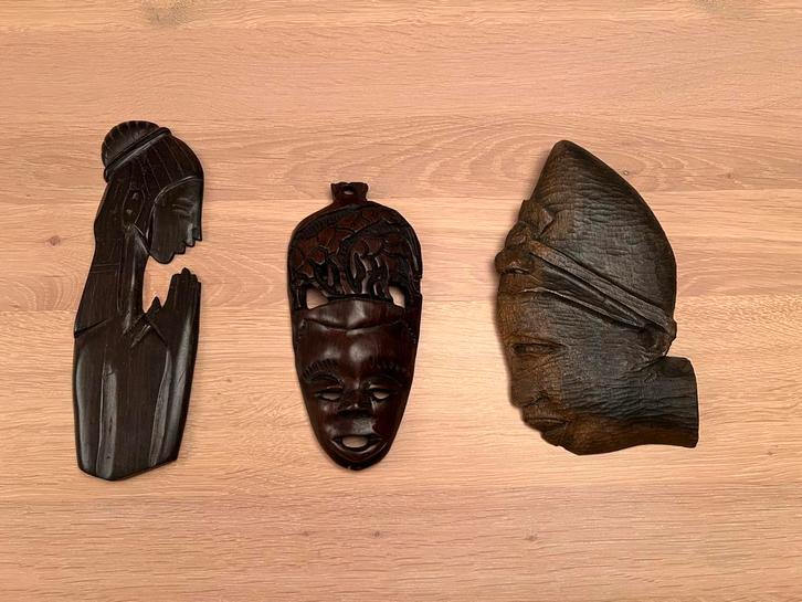 Houten Beelden - Set van 3 Vrouwen Maskers Afrikaanse Kunst, Antiek en Kunst, Kunst | Beelden en Houtsnijwerken, Ophalen of Verzenden