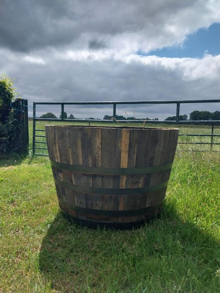 Zeer Grote Eiken Bloembak Rumvat 250 liter, Tuin en Terras, Bloembakken en Plantenbakken, Nieuw, Hout, Balkon, Tuin, 60 cm of meer