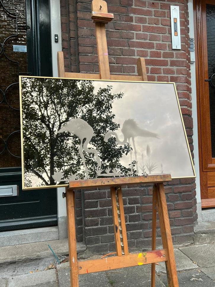 Vintage spiegel rookglas flamingo’s goud tof!, Huis en Inrichting, Woonaccessoires | Spiegels, Zo goed als nieuw, Minder dan 100 cm