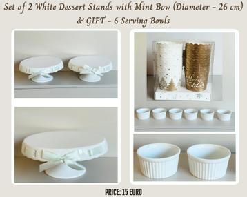  Set of 2 White Dessert Stands with Mint Bows & GIFTS  beschikbaar voor biedingen