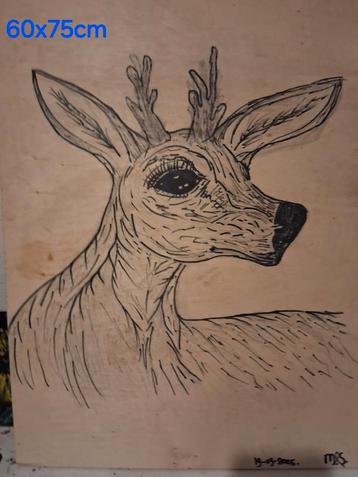 Art By Myrthe hertenbok op onbewerkt hout beschikbaar voor biedingen