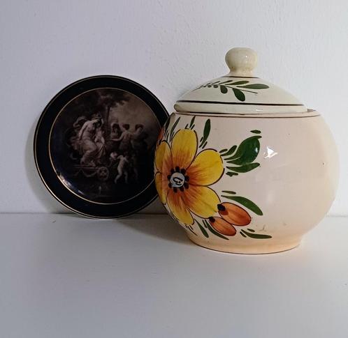 Antiek gedecoreerde aardewerk suikerpotje en gave schotel'50, Antiek en Kunst, Antiek | Servies los, Ophalen of Verzenden