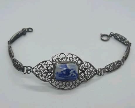 Zilveren armband met Delftsblauwe molen, Sieraden, Tassen en Uiterlijk, Armbanden, Ophalen of Verzenden