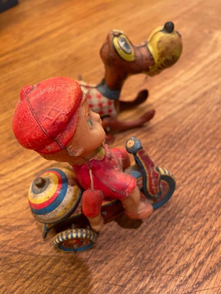 Vintage Blikken Speelgoed Jaren '50 - Jongen op motor & Hond, Antiek en Kunst, Antiek | Speelgoed, Ophalen of Verzenden