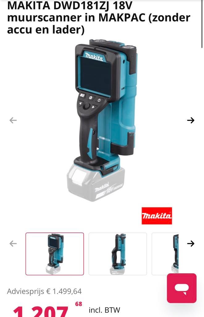 Makita 18v muurscanner - Zo goed als nieuw!, Doe-het-zelf en Verbouw, Meetapparatuur, Ophalen of Verzenden, Zo goed als nieuw