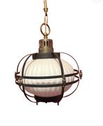 Mid-Century Opaline Glazen Hanglamp met Metalen Kooi, Ophalen of Verzenden, Zo goed als nieuw, V, Minder dan 50 cm