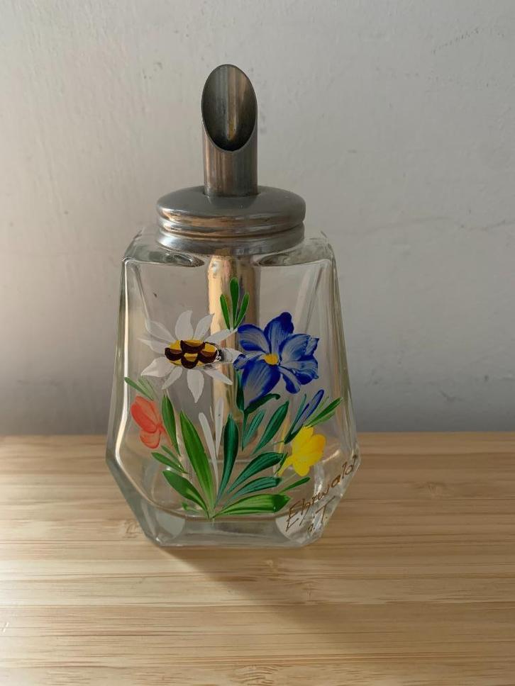 Vintage suikerstrooier van glas met bloemen, Huis en Inrichting, Keuken | Servies, Zo goed als nieuw, Glas of Glazen, Overige stijlen