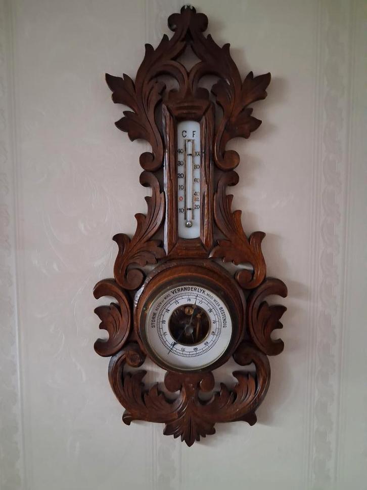 Antieke Barometer met Thermometer in Houten Frame, Audio, Tv en Foto, Weerstations en Barometers, Gebruikt, Barometer, Ophalen of Verzenden