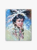 Schilderij portret indianen meisje, Antiek en Kunst, Kunst | Schilderijen | Klassiek, Ophalen of Verzenden