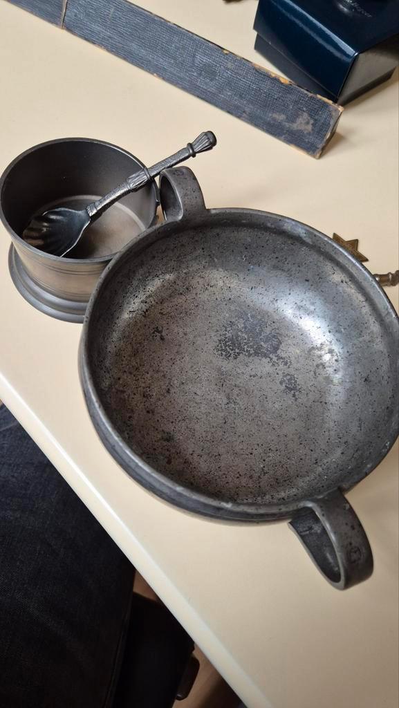 Antiek Tinnen Kom en Lepel Set, Antiek en Kunst, Antiek | Tin, Ophalen of Verzenden