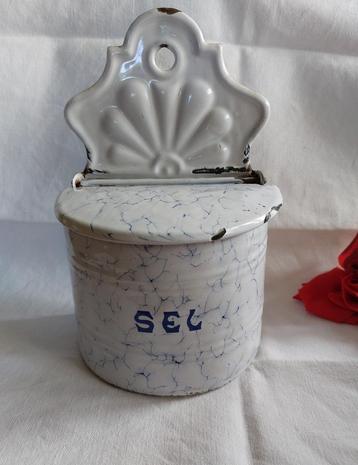 Antieke Franse zoutpot blauw-wit geaderd emaille beschikbaar voor biedingen