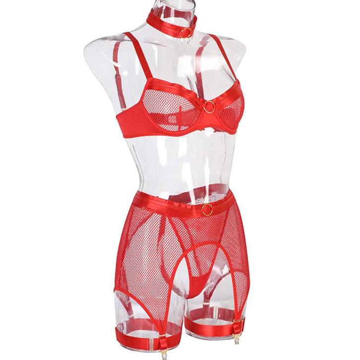 Rood doorzichtig mesh lingerie setje string bh jarretels, Kleding | Dames, Ondergoed en Lingerie, Setje, Rood, Verzenden
