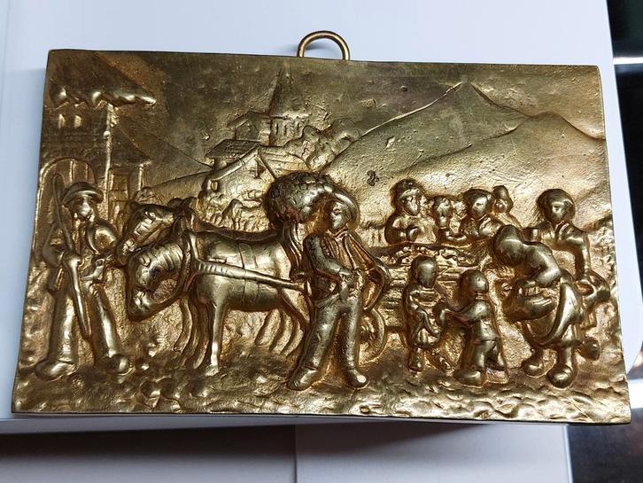 Plaquette koper boerentafereel met ophang oogje, Antiek en Kunst, Antiek | Koper en Brons, Ophalen of Verzenden