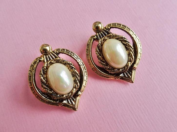 jwg Vintage 60s 70s ornament parel parels oorbellen goud klr, Sieraden, Tassen en Uiterlijk, Antieke sieraden, Oorbellen, Overige materialen