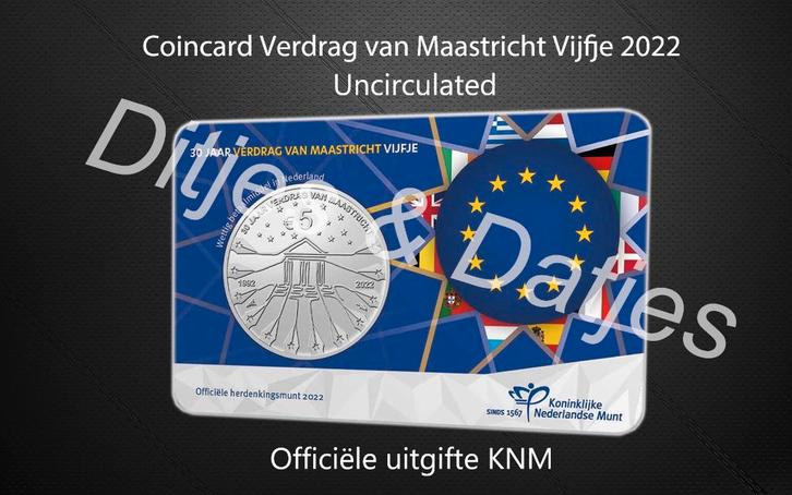 Verdrag van Maastricht Vijfje in coincard KNM, Postzegels en Munten, Munten | Nederland, Euro's, Koningin Beatrix, Ophalen of Verzenden