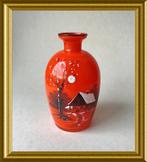 🔷Mooi handgeschilderd oranje glazen vaasje, winter, sneeuw, Antiek en Kunst, Ophalen of Verzenden
