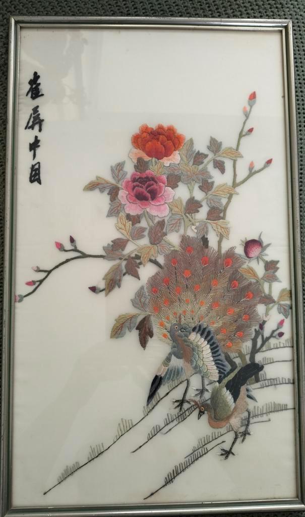 Chinees zijde borduurwerk - Vogels en bloemen, Antiek en Kunst, Antiek | Kleden en Textiel, Ophalen of Verzenden