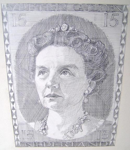 Hubert Bekman tekening postzegel ontwerp Juliana nederland, Antiek en Kunst, Kunst | Tekeningen en Foto's, Verzenden