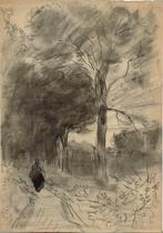 Jan van Essen krijttekening "Wandelaarster op Bospad", Antiek en Kunst, Ophalen