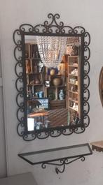 Set van smeedijzeren spiegel met glazen planchet., Ophalen, Rechthoekig, Minder dan 50 cm, Minder dan 100 cm