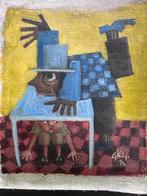 Gerard Konings, schilderij op doek (1996)  kind onder tafel, Ophalen of Verzenden