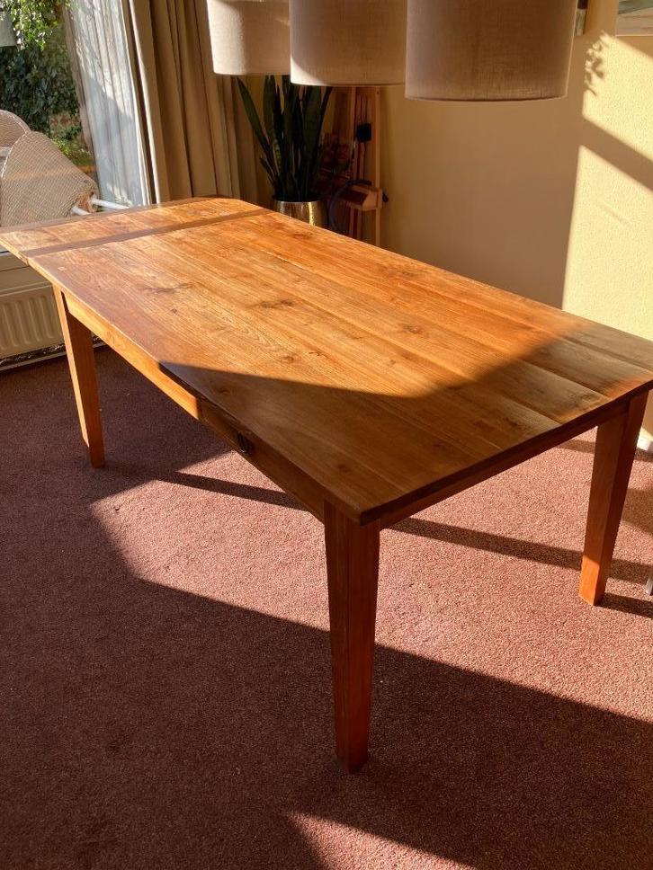 Teakhouten uittrekbare eettafel 180(220)x100x77 incl stoelen, Huis en Inrichting, Tafels | Eettafels, Gebruikt, 50 tot 100 cm