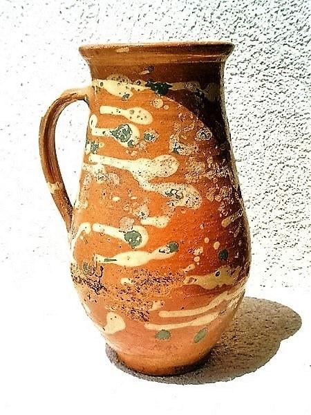 Rustieke Hongaarse aardewerk kruik, Slip-Decoratie. Uniek!, Ophalen