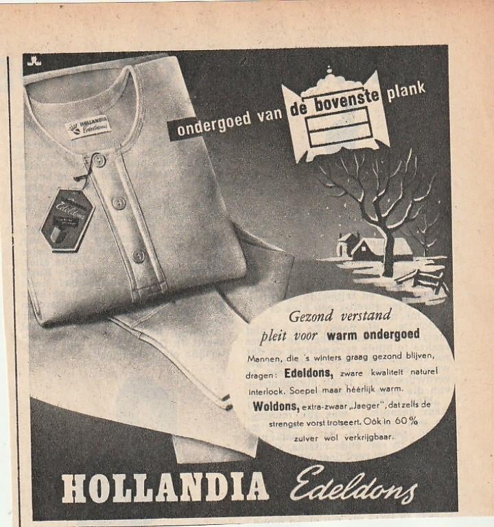 Retro reclame 1952 Hollandia sneeuw heren ondergoed, Verzenden, Overige typen