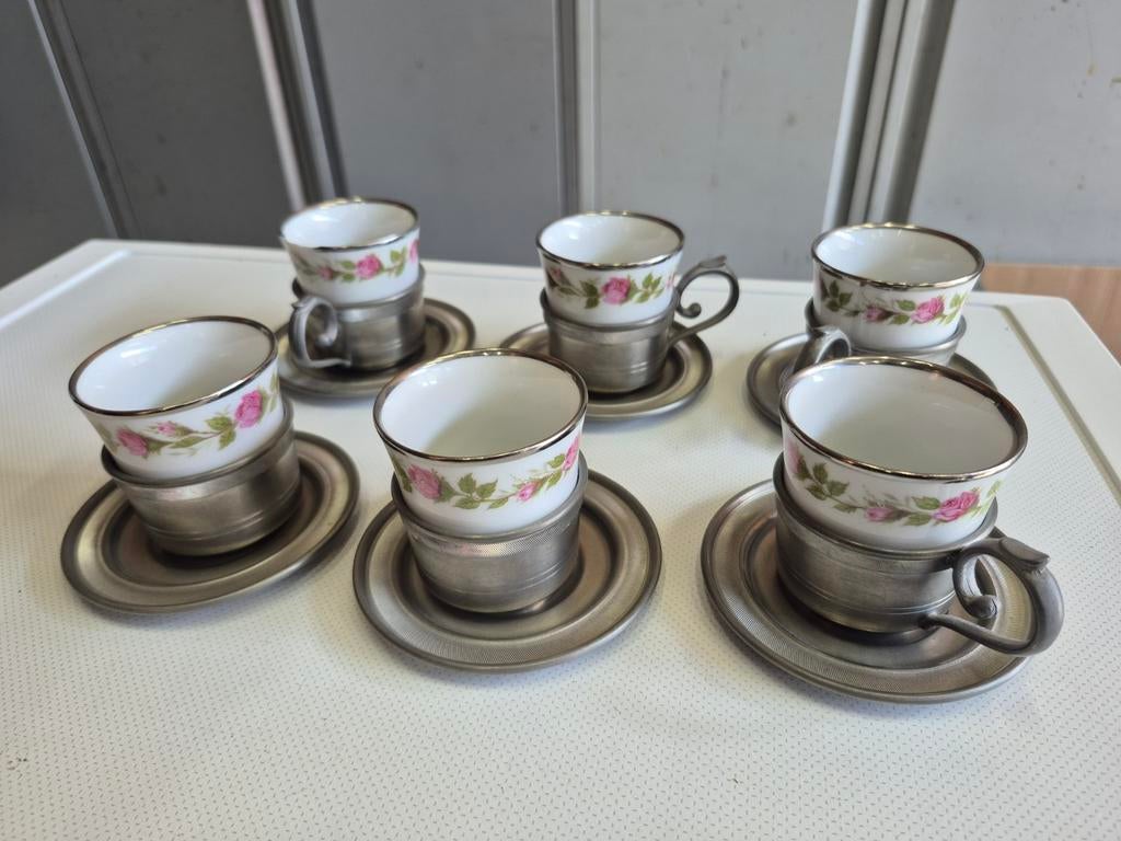 6x Bareuther Bavaria porseleinen kopjes met tinnen houder, Antiek en Kunst, Antiek | Servies compleet, Ophalen