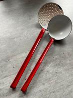 Vintage rood emaille pollepel en schuimspaan met goudkleur, Ophalen of Verzenden