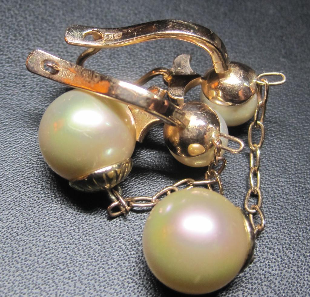 Vintage 14K gouden parel design oorbellen 10,5 gram L. 6 cm, Sieraden, Tassen en Uiterlijk, Antieke sieraden, Ophalen, Goud, Oorbellen