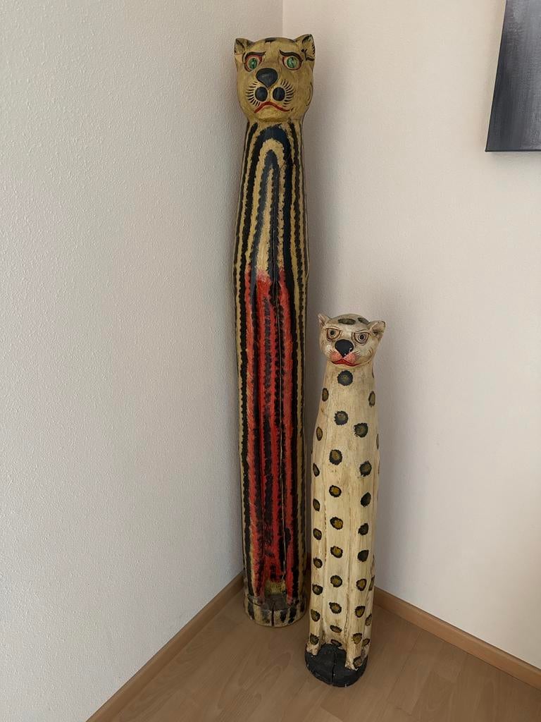 Decoratieve houten luipaard beelden - set van 2, Antiek en Kunst, Ophalen of Verzenden